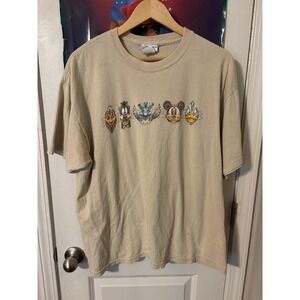 Walt Disney World Mens XL Tan Tribal Mask Graphic Tee Mickey Stitch Goofy Scar